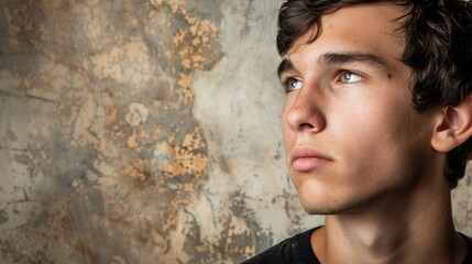 A Young Man s Portrait Against a Worn Background with Space for Text