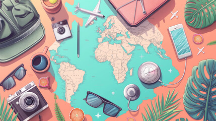 Flat lay illustration for Traveling, tourism, adventure, journey, vacation concept. Travel banner with copyspace.
