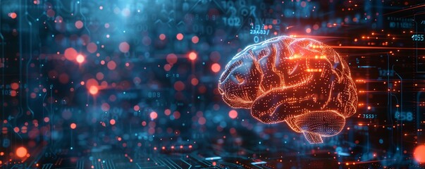 Against a dark background, a human brain emanates a soft glow from within a processor's circuitry, highlighting the seamless fusion of human cognitive abilities with advanced artificial intelligence.