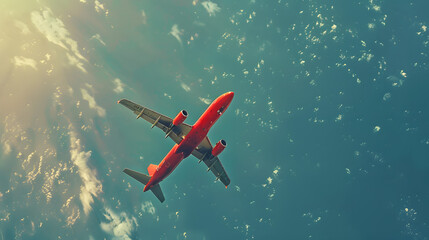 Obraz premium A red passenger plane, flying in the sky, a spectacular and real image