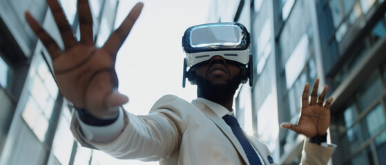 A man in a white suit experiencing virtual reality outdoors, framed by modern architecture, with his hands outstretched as if exploring a digital space.