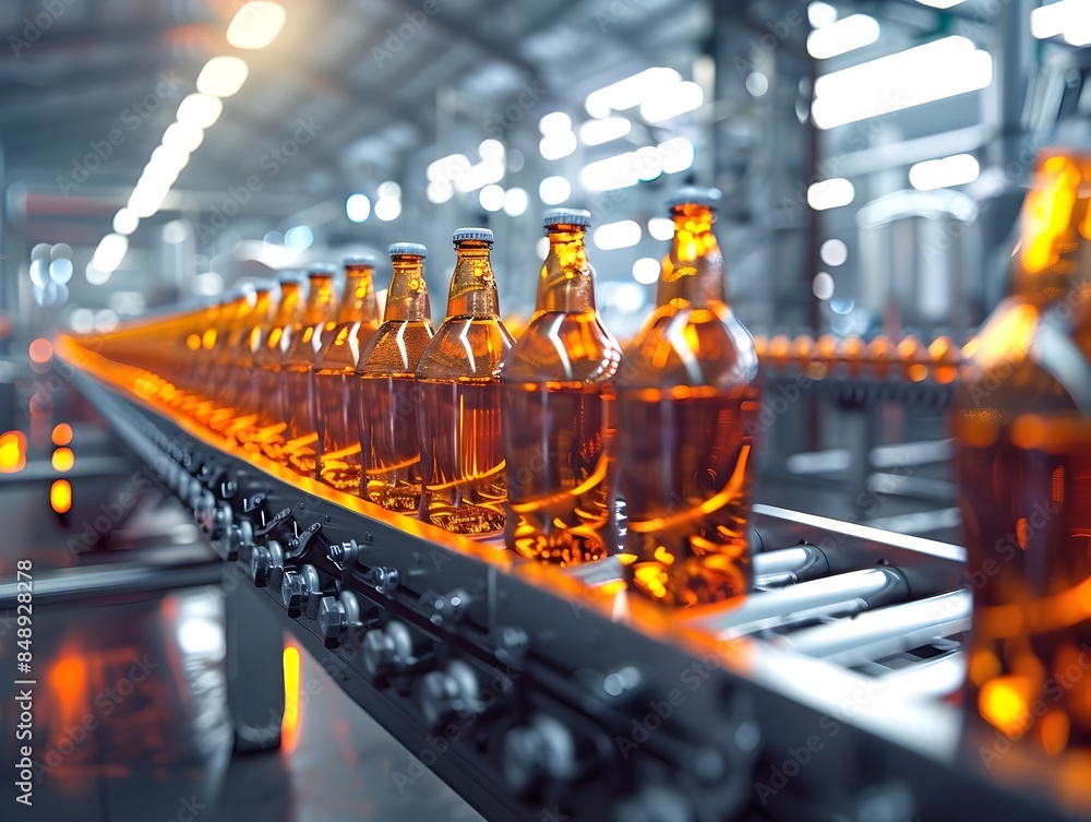 Poster automated beverage bottling plant with efficient conveyor system and packaging workflow
