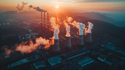 Obraz premium Aerial View of Industrial Energy Plant with Cooling Towers and Chimneys at Sunset