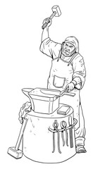 Drawing of a medieval blacksmith. Old professions. Template to color in.