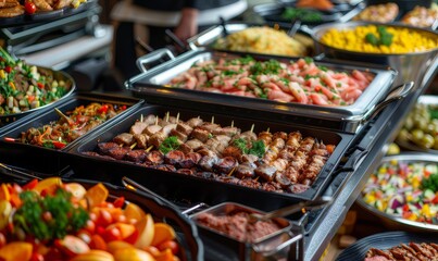 Obraz premium Indulge in a delectable culinary experience with our buffet dinner catering service, offering a diverse cuisine selection to satisfy every palate