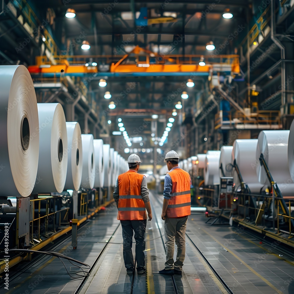 Poster efficient paper mill with diligent workers monitoring machinery and production
