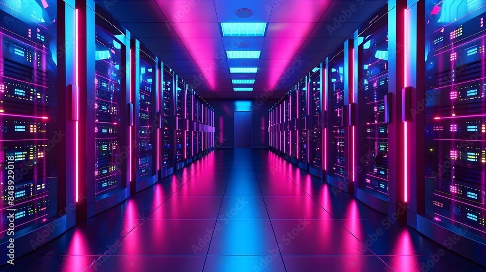 Poster futuristic data center with blinking servers and technicians overseeing