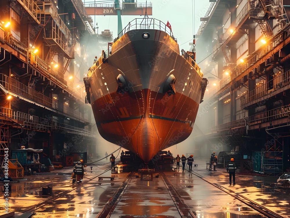 Aufkleber large shipyard with workers welding and constructing ships cranes and scaffolding in the background 