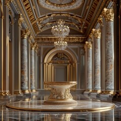 Elegant Velvet Podium, front view focus, with a Royal Palace Ballroom Background, ideal for premium jewelry product displays