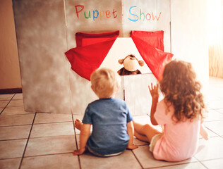 Children, puppet show and toys for child development or growth with brother and sister in home...