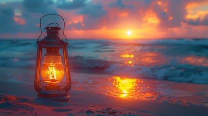 Antique lantern on sandy beach with serene sunset over tranquil sea