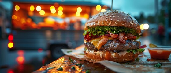Delicious burger with fresh ingredients, food truck at twilight, warm lights, vibrant street food...