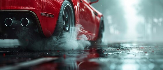 Closeup of red cars exhaust with smoke, detailed textures, realistic, high resolution, sharp focus 8K , high-resolution, ultra HD,up32K HD
