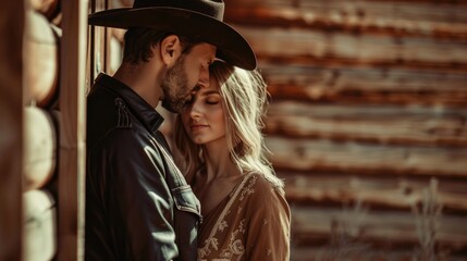Rustic Romance: Cowboy and Woman Sharing an Intimate Moment