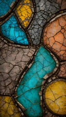 Colorful Broken Glass Mural - A vibrant mural featuring fragments of cracked glass in shades of blue, yellow, and orange, creating an abstract and artistic pattern