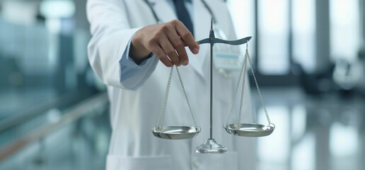 Scientist holding precision scale with two scales for medical and scientific research experiment in laboratory setting