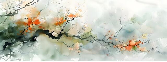 Ethereal Autumn Watercolor Landscape with Soft Blended Foliage and Vibrant Fall Hues
