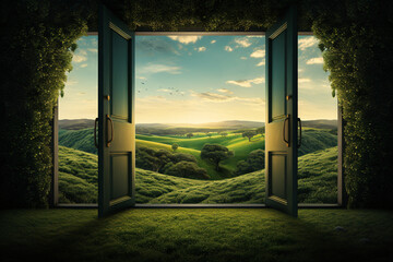 Open Wooden Door Reveals Lush Green Forest with Sunlight Dappling Through Leaves, Nature Serene Escape