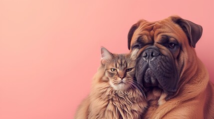 Adorable Dog and Cat Companionship Against a Pink Background.