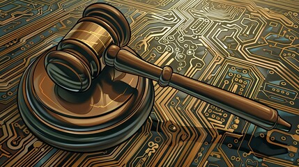 Glowing blue gavel on digital circuit board, legal technology theme, high detail and resolution