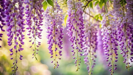 Delicate, fragrant purple wisteria flowers cascade down a lush branch, suspended in mid-air against a crisp white background, exuding elegance and serene beauty.
