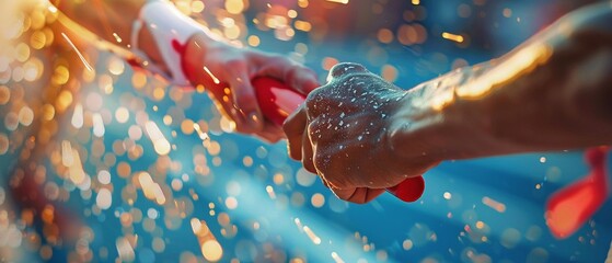 Relay baton handoff, highenergy, bright colors, detailed and focused, athletic event 8K , high-resolution, ultra HD,up32K HD