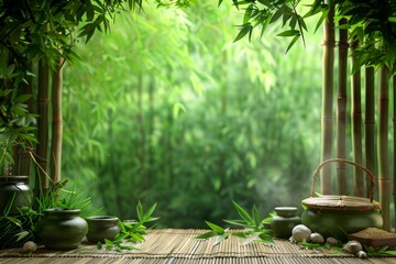 fresh and beautiful green natural background, with bamboo on both sides, and traditional Chinese...