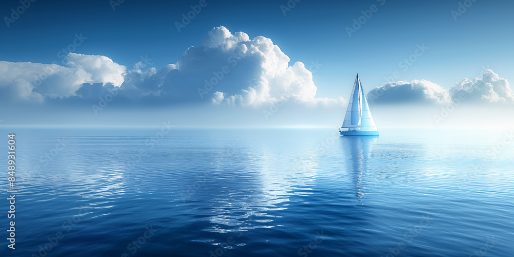 Sticker Boat on the sea, bright blue seascape