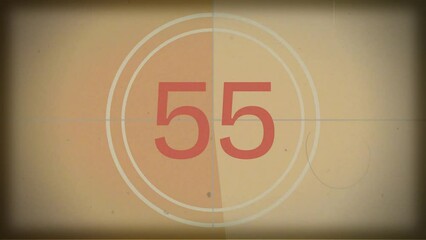 60 seconds (1 minute) vintage film countdown on faded orange background. Old retro wipe rolling effect. Scratches, details and noise. Dusty and grainy feel. 4K motion graphics.