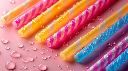 Obraz premium Colourful drinking straws scattered on pastel pink background playful and bright composition