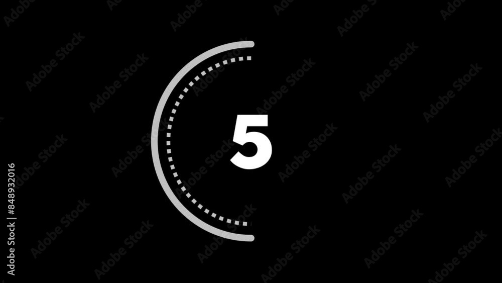 Poster 10 seconds dashed (dotted) circle countdown. silver grey on black background. big circle with inner 