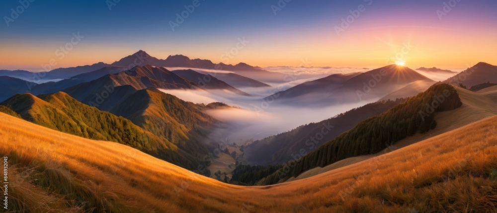 Wall mural mountain lanscape. golden hour view of mountain