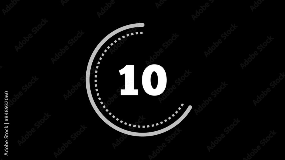 Poster 15 seconds dashed (dotted) circle countdown. silver grey on black background. big circle with inner 