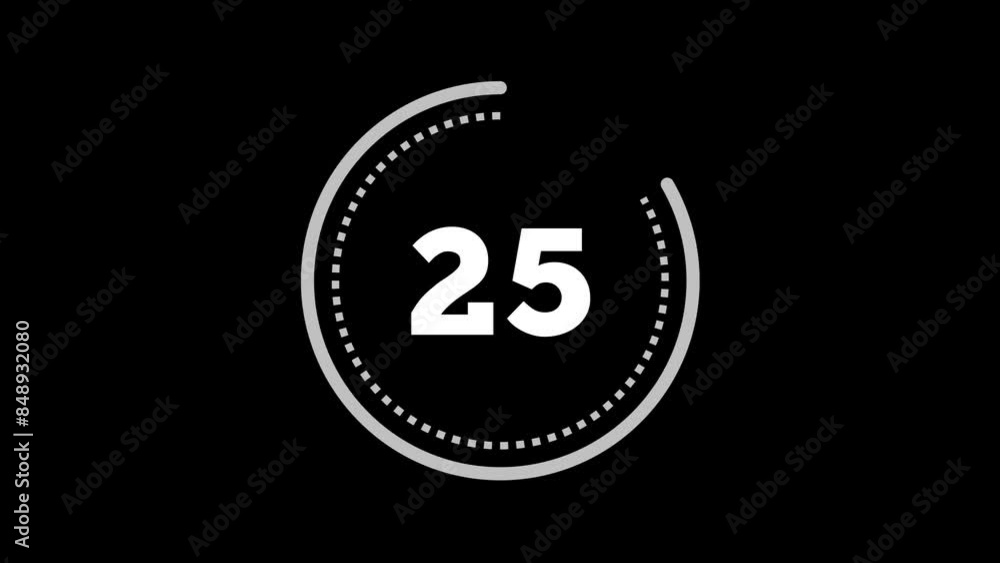 Poster 30 seconds dashed (dotted) circle countdown. silver grey on black background. big circle with inner 