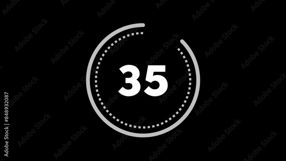 Poster 40 seconds dashed (dotted) circle countdown. silver grey on black background. big circle with inner 