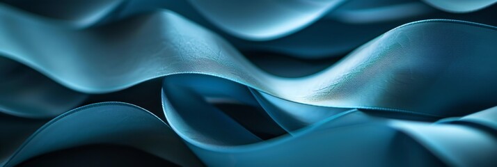 Obraz premium A closeup of blue ribbon with intricate curves and folds, set against a dark background, creating an abstract composition that suggests depth and movement. The focus is on the texture , 3:1