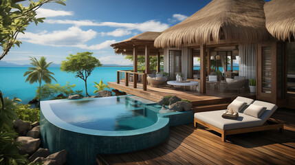 Fototapeta premium Stunning overwater villa with terrace views, sun beds, and chairs under an umbrella. Luxurious hotel pool with breathtaking ocean views, a serene spa and wellness center, a tranquil vacation resort.