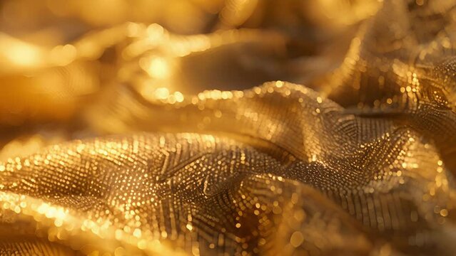 Macro shot of a tightly woven shimmering gold silk with every thread glistening in the light.