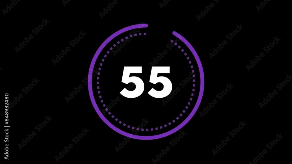 Poster 60 seconds (1 minute) dashed (dotted) circle countdown. deep purple on black background. big circle 