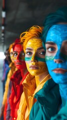 Obraz premium Vibrant Rainbow Face Painted Portraits Showcasing Creativity and Diversity