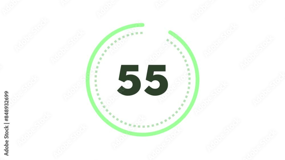 Poster 60 seconds (1 minute) dashed (dotted) circle countdown. mint green on white background. big circle w