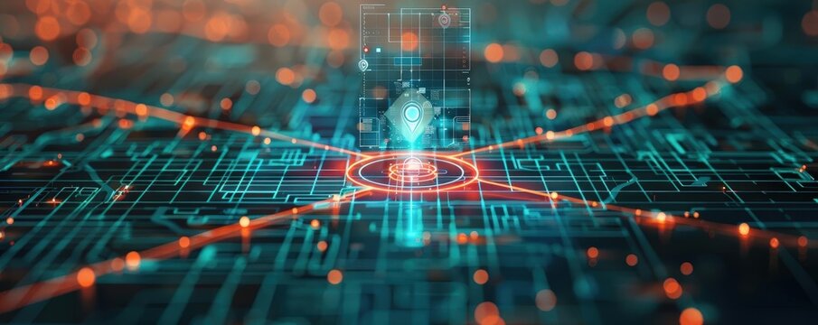 A digital GPS map with interactive POIs Points of Interest, 3D Rendering, Cool tones, Futuristic, detailed and informative