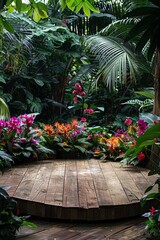 Obraz premium A rustic wooden podium set in a tropical garden, surrounded by orchids and bromeliads