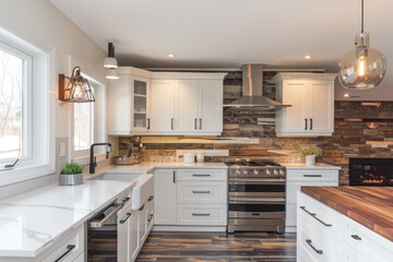 Modern kitchen interior with white cabinets and wooden accents
