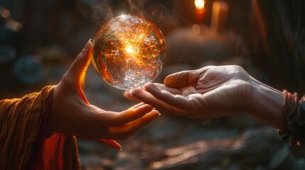A close-up of two hands, one holding a crystal ball and the other touching it gently, suggesting a mystical connection and clairvoyance.
