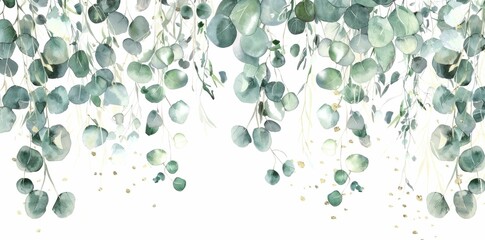 Watercolor illustration of eucalyptus leaves hanging from the branches of a tree in a lush botanical garden landscape