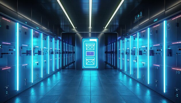 A smart locker system for secure package delivery, 3D Rendering, Neon blue and white, High-tech, modern and secure