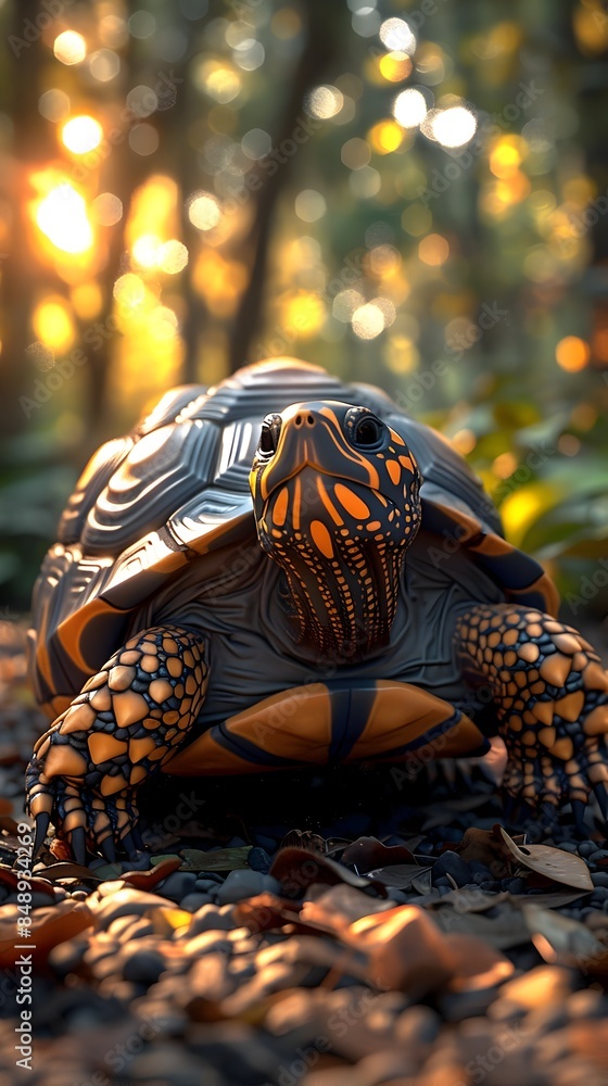 Poster a 3d rendered image of a friendly turtle with a beautifully patterned shell slowly and steadily maki