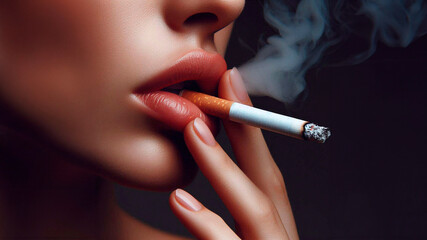 Obraz premium Smoking cigarette in a woman's lips, close-up