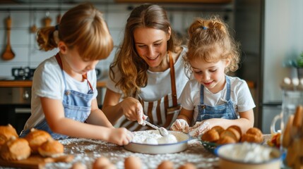 A mother and her children making breakfast together in the kitchen on Mother's Day They are smiling and chatting as they cook and the kitchen is filled with delicious aromas